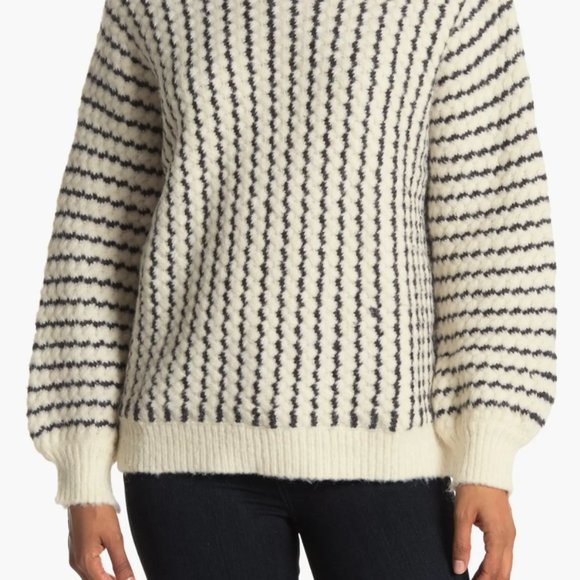 NWOT FRNCH - Stripe Button Cable Knit Turtleneck Sweater, oatmeal / M-L - Picture 3 of 7